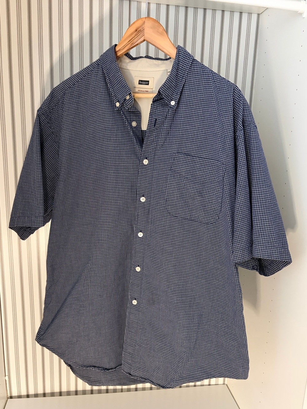 Haggar Navy Micro-Check Short Sleeve Button-Down Shirt